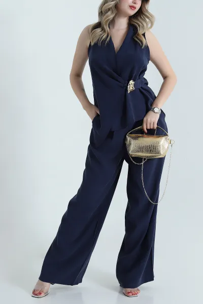 Lacivert Tokalı Tencel Bluz  Pantolon Kadın İkili Takım 472323
