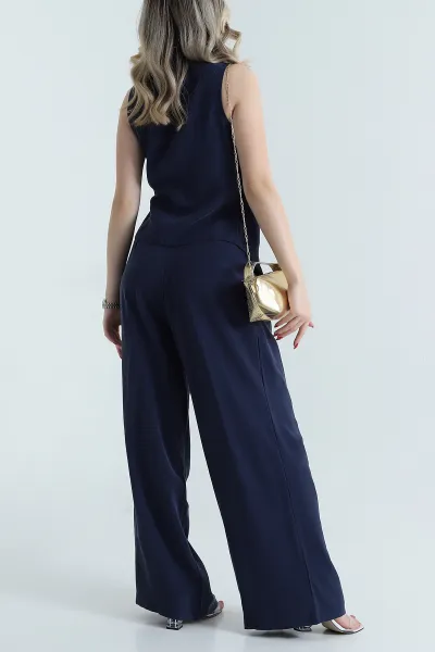 Lacivert Tokalı Tencel Bluz  Pantolon Kadın İkili Takım 472323
