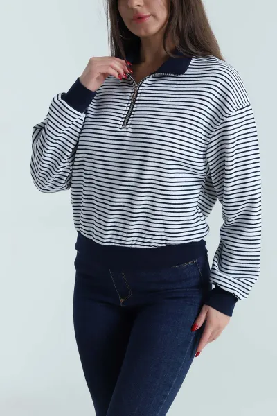 Lacivert Üç İp Çizgili Kadın Sweat 492437