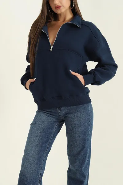 Lacivert Üç İp İçi Şardonlu Bayan Sweat 318415