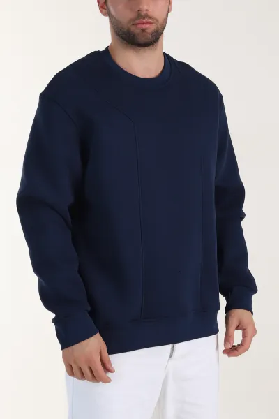 Lacivert Üç İp Şardonlu Bisiklet Yaka Erkek Sweatshirt 410906