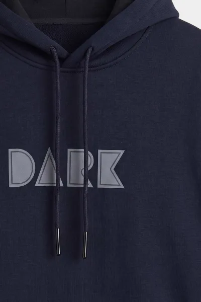 Lacivert Üç İp Şardonlu Kapüşonlu Erkek Sweatshirt 497783