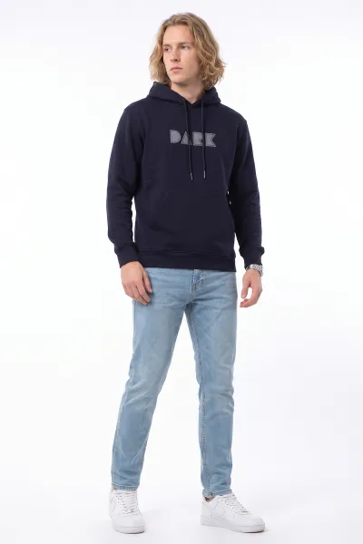 Lacivert Üç İp Şardonlu Kapüşonlu Erkek Sweatshirt 497783