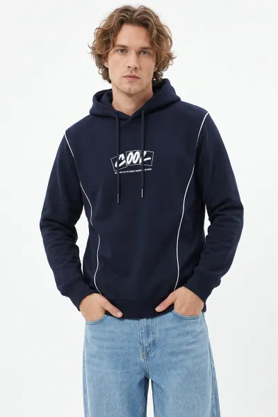 Lacivert Üç İp Şardonlu Kapüşonlu Erkek Sweatshirt 500074