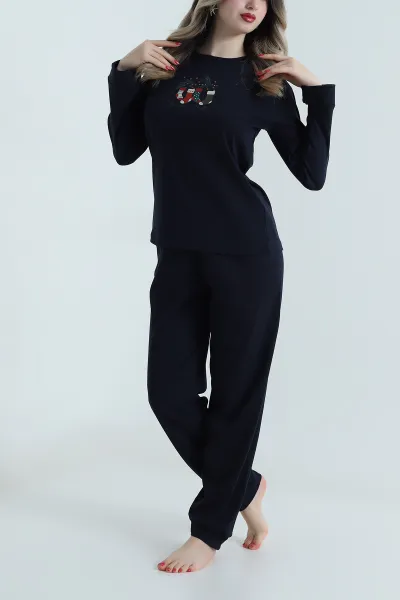 Lacivert Uzun Kollu İnterlok Kadın Pijama Takımı 499828