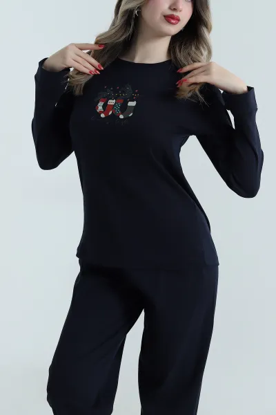 Lacivert Uzun Kollu İnterlok Kadın Pijama Takımı 499828