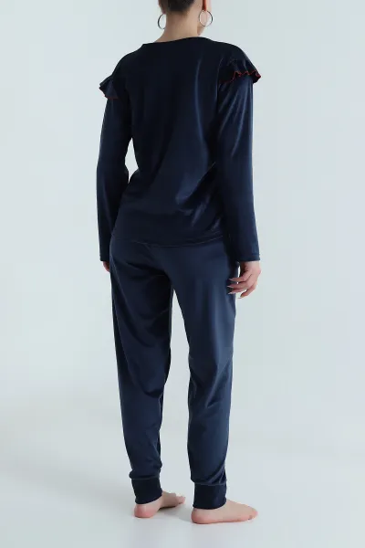 Lacivert Uzun Kollu Kadife Kadın Pijama Takımı 487752