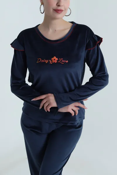 Lacivert Uzun Kollu Kadife Kadın Pijama Takımı 487752