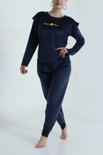 Lacivert Uzun Kollu Kadife Kadın Pijama Takımı 487752