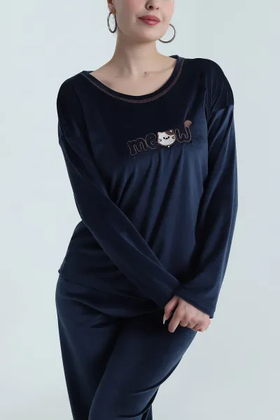 Lacivert Uzun Kollu Kadife Kadın Pijama Takımı 487756