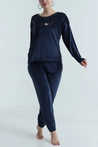 Lacivert Uzun Kollu Kadife Kadın Pijama Takımı 487756