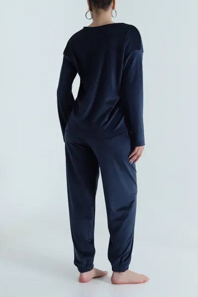 Lacivert Uzun Kollu Kadife Kadın Pijama Takımı 487756
