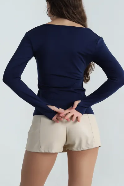 Lacivert V Yaka Baskılı Oysho Kadın Bluz 406732