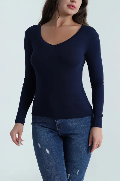 Lacivert V Yaka Buzzy Kadın Bluz 484302