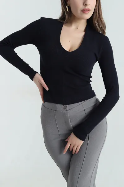 Lacivert V Yaka Kaşkorse Kadın Bluz 417941