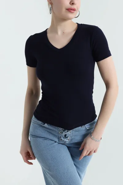 Lacivert V Yaka Likralı Kadın Bluz 437219