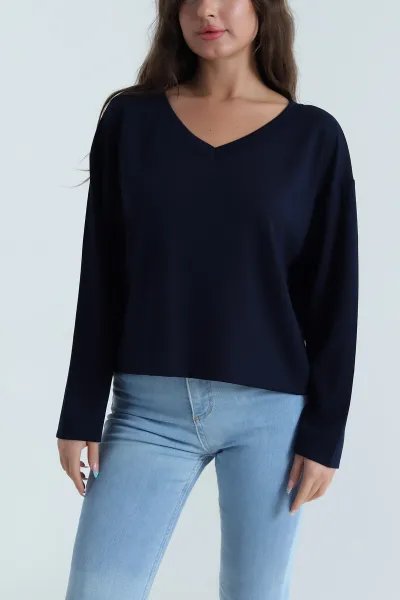 Lacivert V Yaka Modal Kadın Bluz 483079