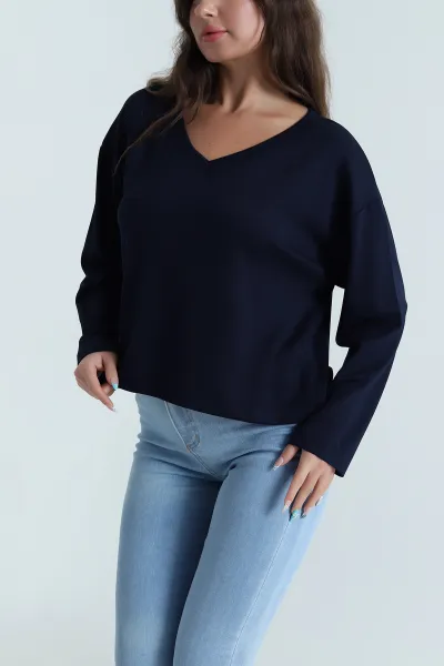 Lacivert V Yaka Modal Kadın Bluz 483079