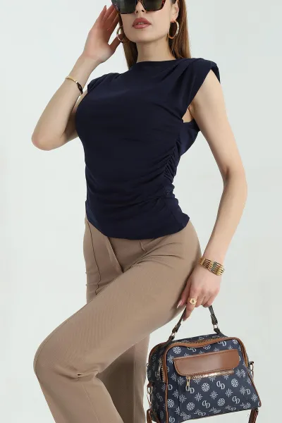 Lacivert Vatkalı Büzgülü Sandy Kadın Bluz 357256
