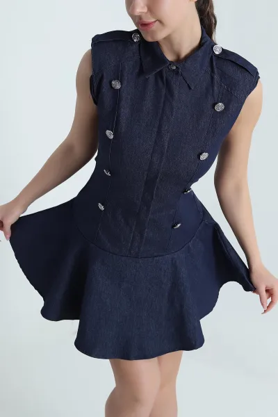 Lacivert Vatkalı Düğmeli Denim Kadın Elbise 462040