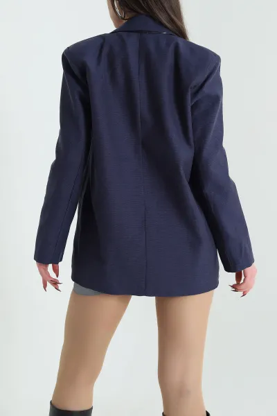 Lacivert Vatkalı Keten Blazer Kadın Ceket 435721