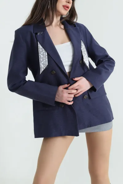 Lacivert Vatkalı Keten Blazer Kadın Ceket 435721