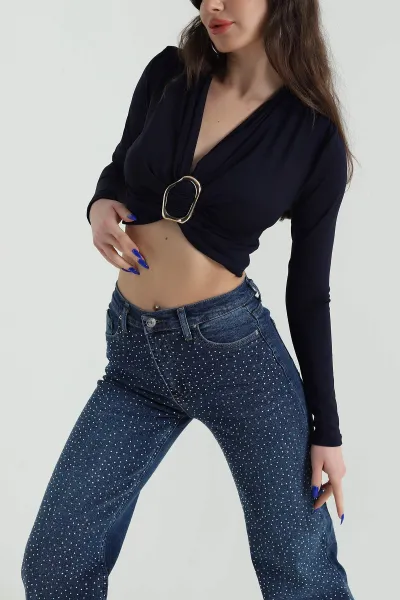 Lacivert Vatkalı Tokalı Kadın Bluz 426008