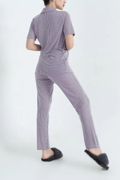 Lacivert Viskon Düğmeli Kadın Pijama Takımı 341727