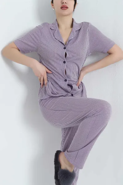 Lacivert Viskon Düğmeli Kadın Pijama Takımı 341727
