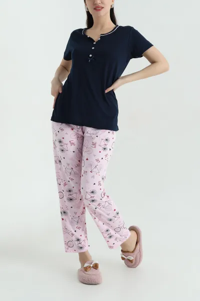 Lacivert Viskon Düğmeli Kadın Pijama Takımı 347398