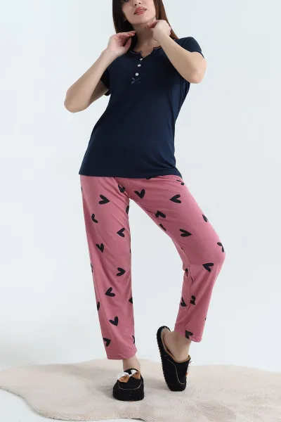 Lacivert Viskon Kısa Kol Bayan Pijama Takımı 338231