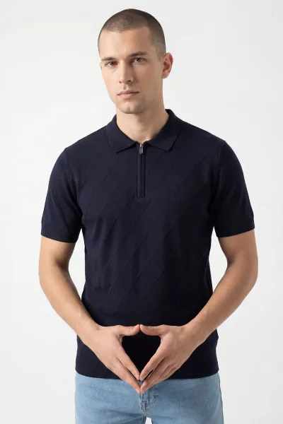 Lacivert Viskon Triko Yarım Fermuarlı Erkek Tişört 449350