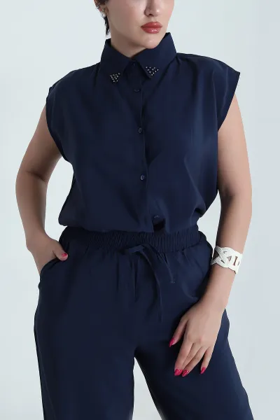 Lacivert Yaka İncili Tencel Kadın İkili Takım 475223