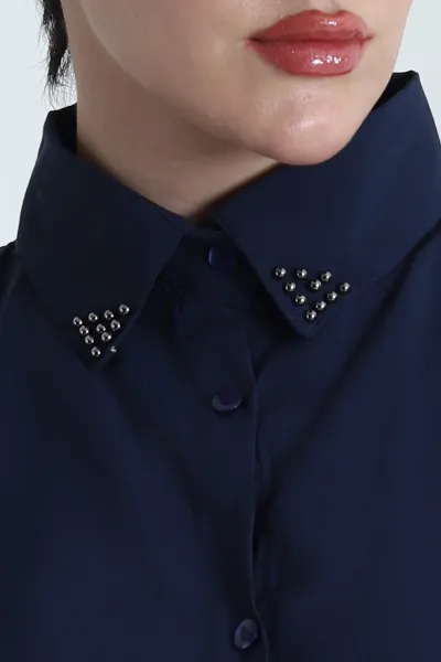 Lacivert Yaka İncili Tencel Kadın İkili Takım 475223