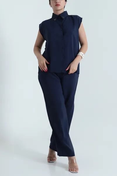Lacivert Yaka İncili Tencel Kadın İkili Takım 475223