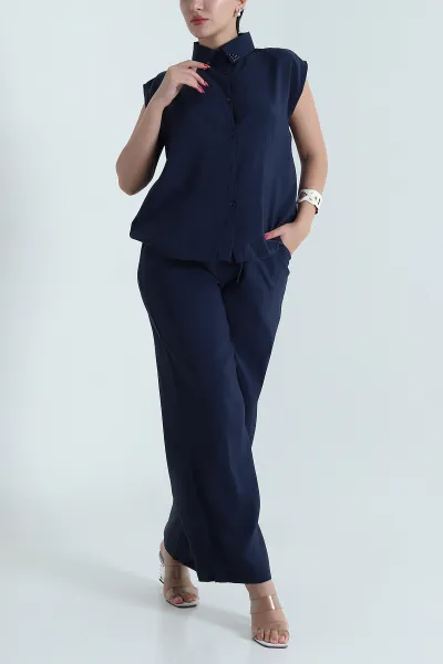 Lacivert Yaka İncili Tencel Kadın İkili Takım 475223