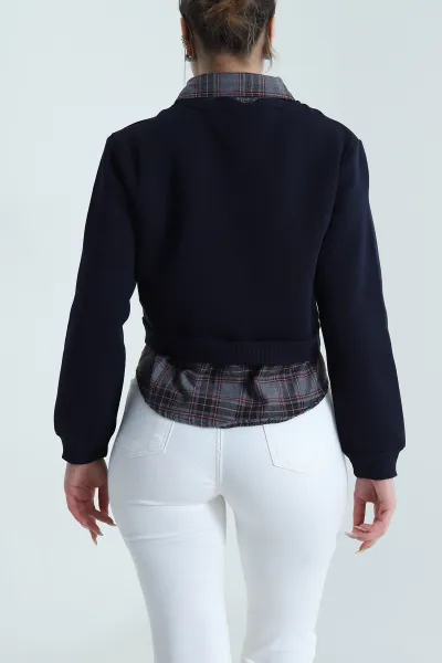 Lacivert Yakası Çıkma Ekose Garnili Kadın Şardonlu Sweat 492757