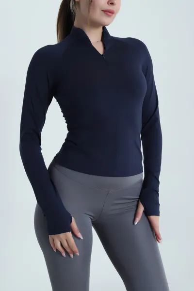 Lacivert Yakası Fermuarlı Belize Kadın Bluz 485449