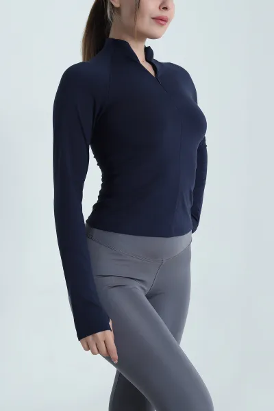 Lacivert Yakası Fermuarlı Belize Kadın Bluz 485449