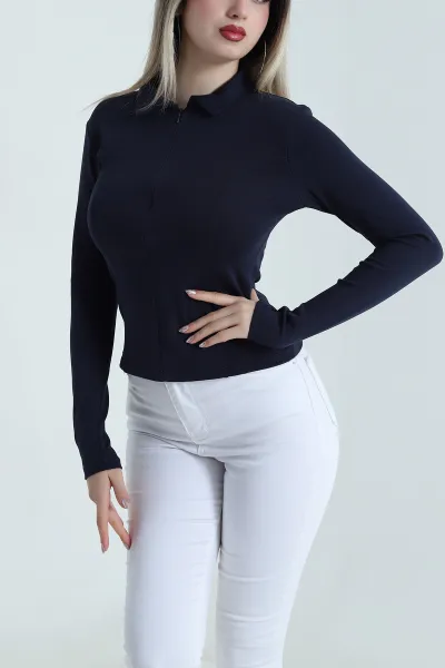 Lacivert Yakası Fermuarlı Kadın Body Bluz 489992