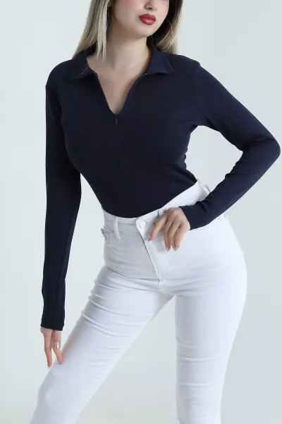 Lacivert Yakası Fermuarlı Kadın Body Bluz 489992