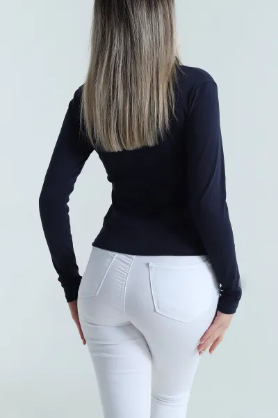 Lacivert Yakası Fermuarlı Kadın Body Bluz 489992