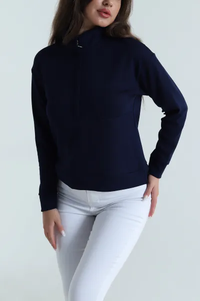 Lacivert Yakası Fermuarlı Modal Kadın Sweat 488255