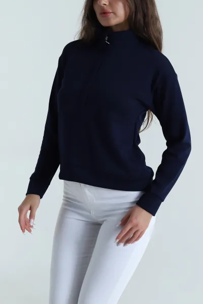 Lacivert Yakası Fermuarlı Modal Kadın Sweat 488255