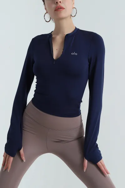 Lacivert Yakası Fermuarlı Scuba Kadın Body Bluz 404040