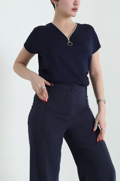 Lacivert Yakası Fermuarlı Viskon Kadın Bluz 432023