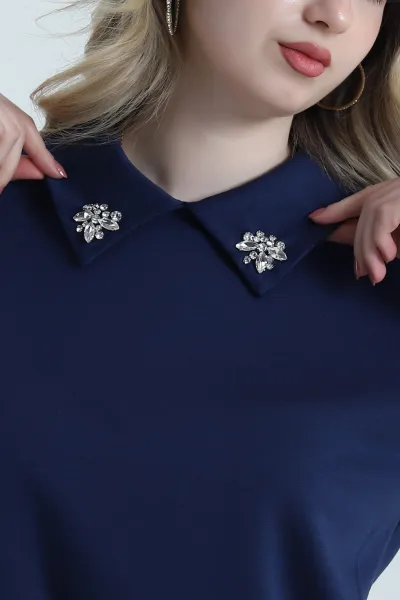 Lacivert Yakası Taşlı Oysho Kadın Bluz 458853