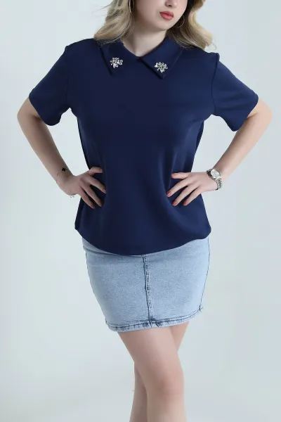 Lacivert Yakası Taşlı Oysho Kadın Bluz 458853