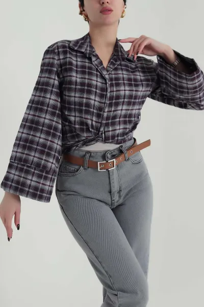 Lacivert Yandan Bağlamalı Ekose Kadın Gömlek 423945