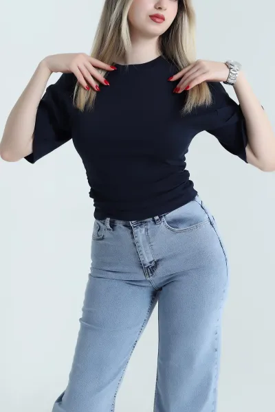 Lacivert Yanı Büzgülü Kompak Kadın Bluz 467690
